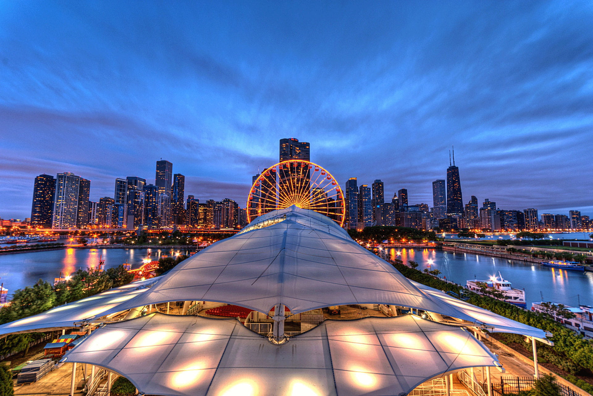 Ferris Wheel and Chicago Skyline at Night