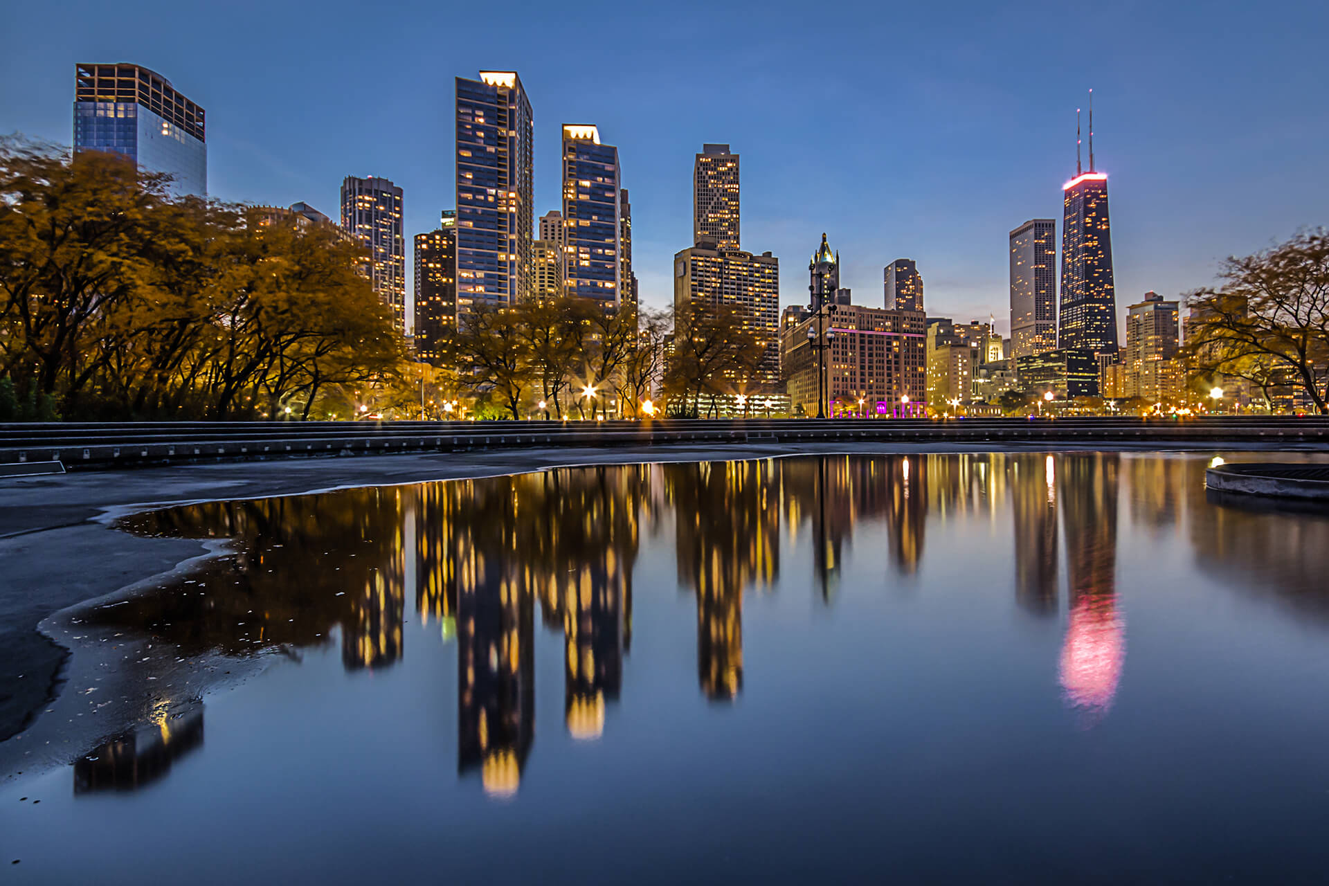 Chicago Skyline Reflected at Night